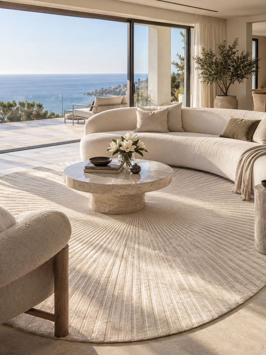 Salón contemporáneo con alfombra Lux de Kaymanta en tonos neutros
